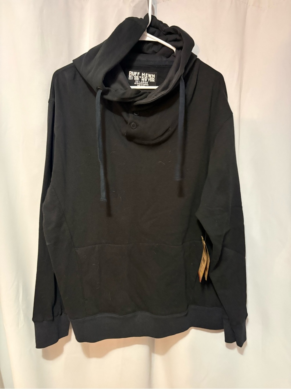 Ruff Hewn Men's Black Pullover Hoodie with Buttoned Funnel Neck